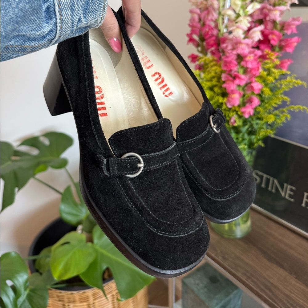 Miu Miu Black Suede Loafers with Silver Buckle